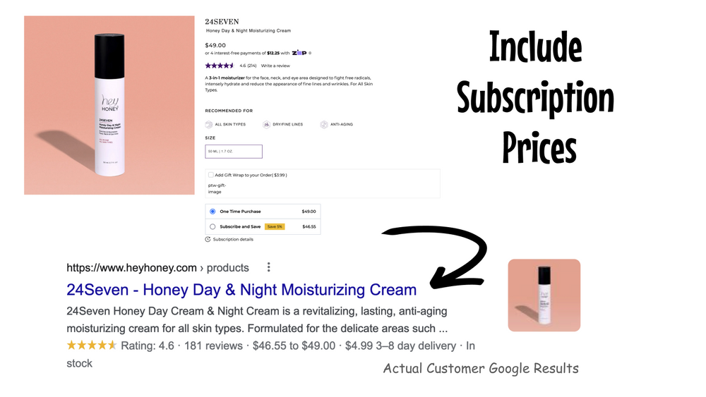 Example Rich Results for actual customer with subscription price