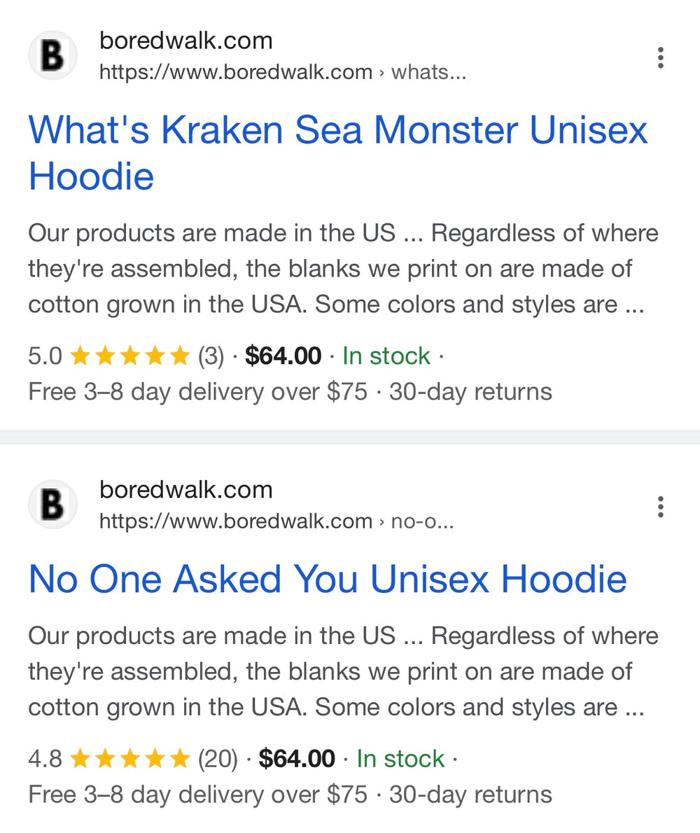 Boredwalk.com Google Search Results for two products showing reviews, price, delivery window in days, delivery costs, return windows, and product availability.