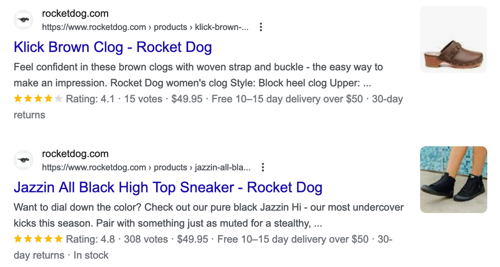 Boredwalk.com Google Search Results for two products showing reviews, price, delivery window in days, delivery costs, return windows, and product availability.