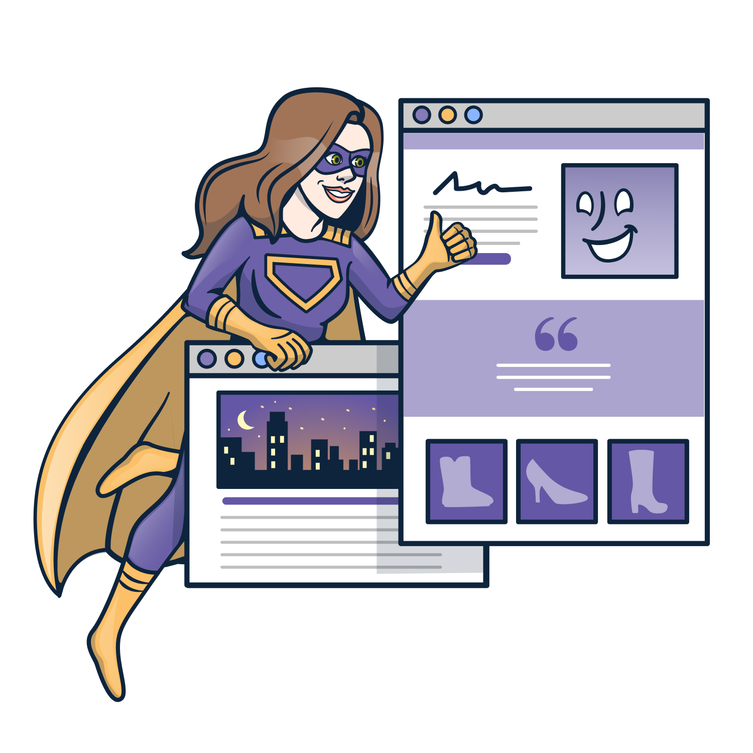 Superhero with thumbs up and a happy face on the Shopify website.