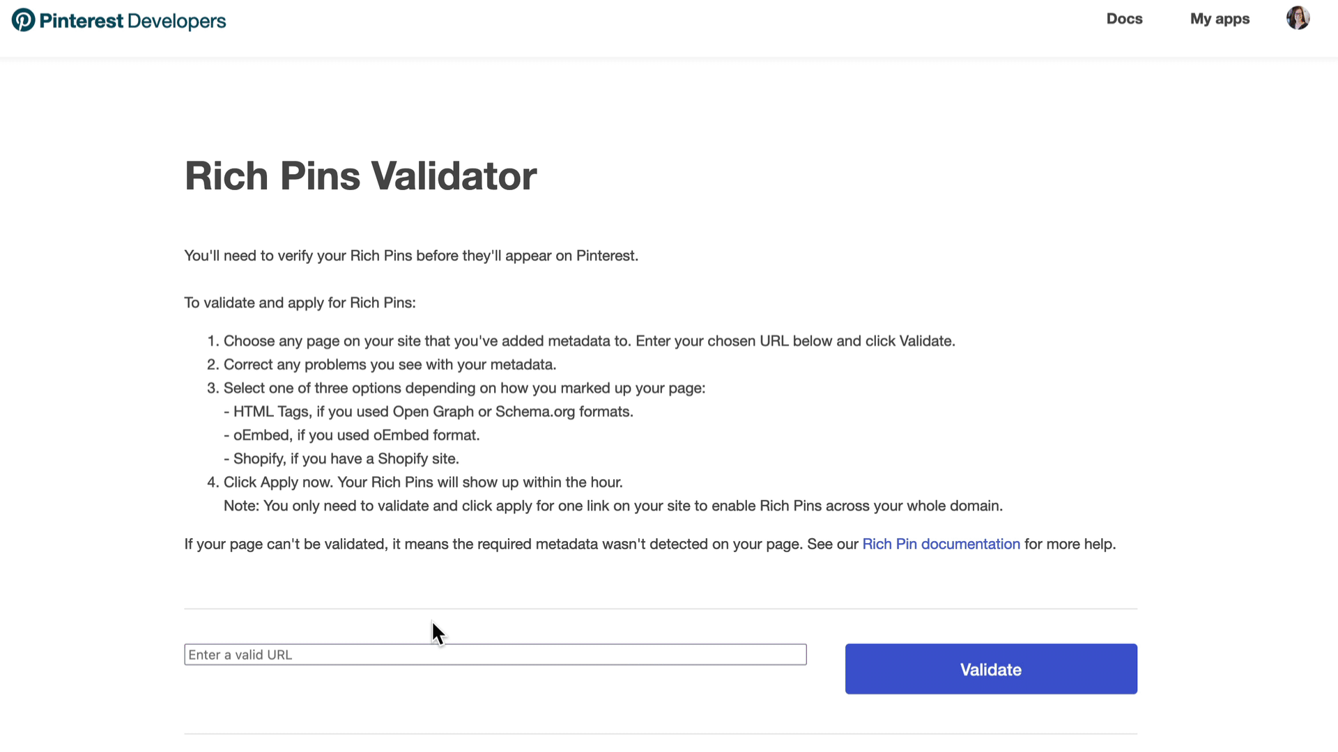 Pinterest Rich Pin Validator - paste URL into the field, click on Validate and then Fetch New Scrape Information.