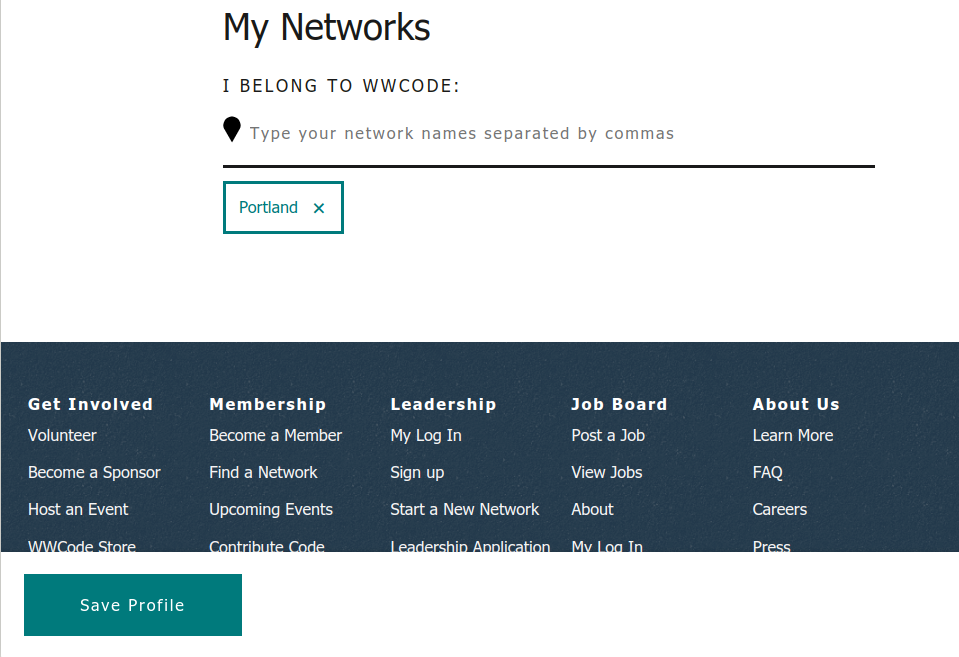 Women Who Code bottom of the edit profile page. Shows Submit button anchored to the bottom of the page.