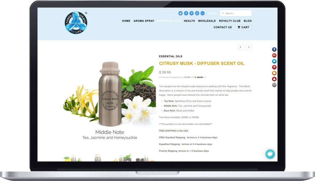 Snapshot of a product on the Three Drops of Life Shopify site