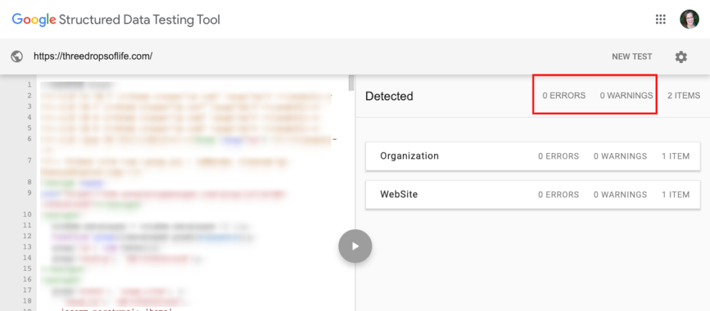 Snapshot of Google Structure Data Testing Tool on Three Drops Of Life home page showing zero errors and zero warnings.