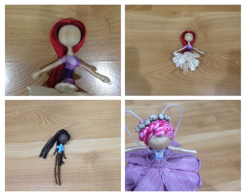 Four images that my daughter took of the fairy dolls on the floor showing the laminate wood flooring, poor lighting, shadows and blurry photos.