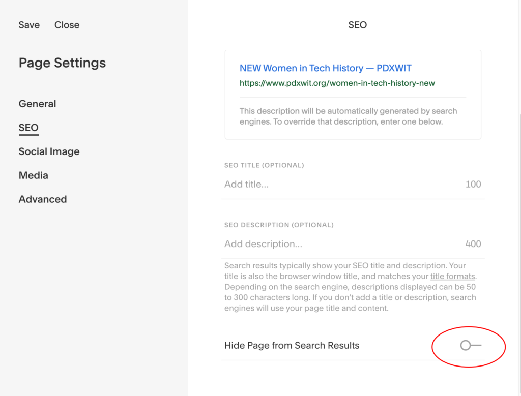 Screenshot of the SEO settings in Squarespace.