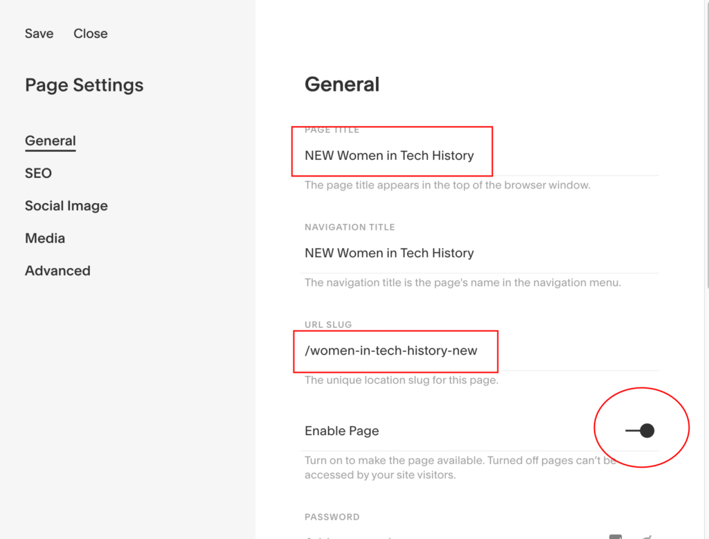 Screenshot of Squarespace page settings with the new title and enable page option.