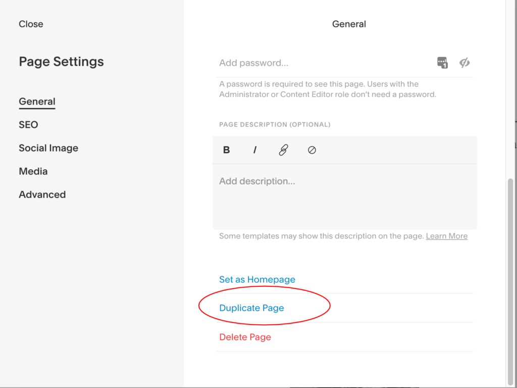 Screenshot of the Squarespace page settings with Duplicate Page circled.