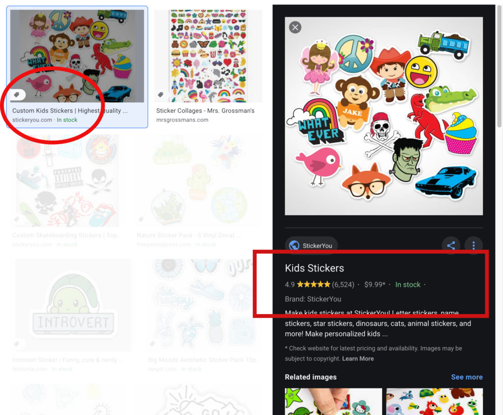 Screenshot of stickers search results that shows different Rich Results from Google Image Search. 