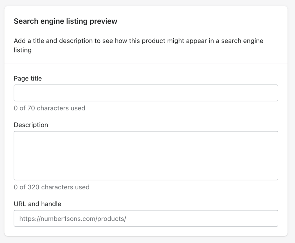 Fields to edit the meta title, meta description, and URL on Shopify's product page. 