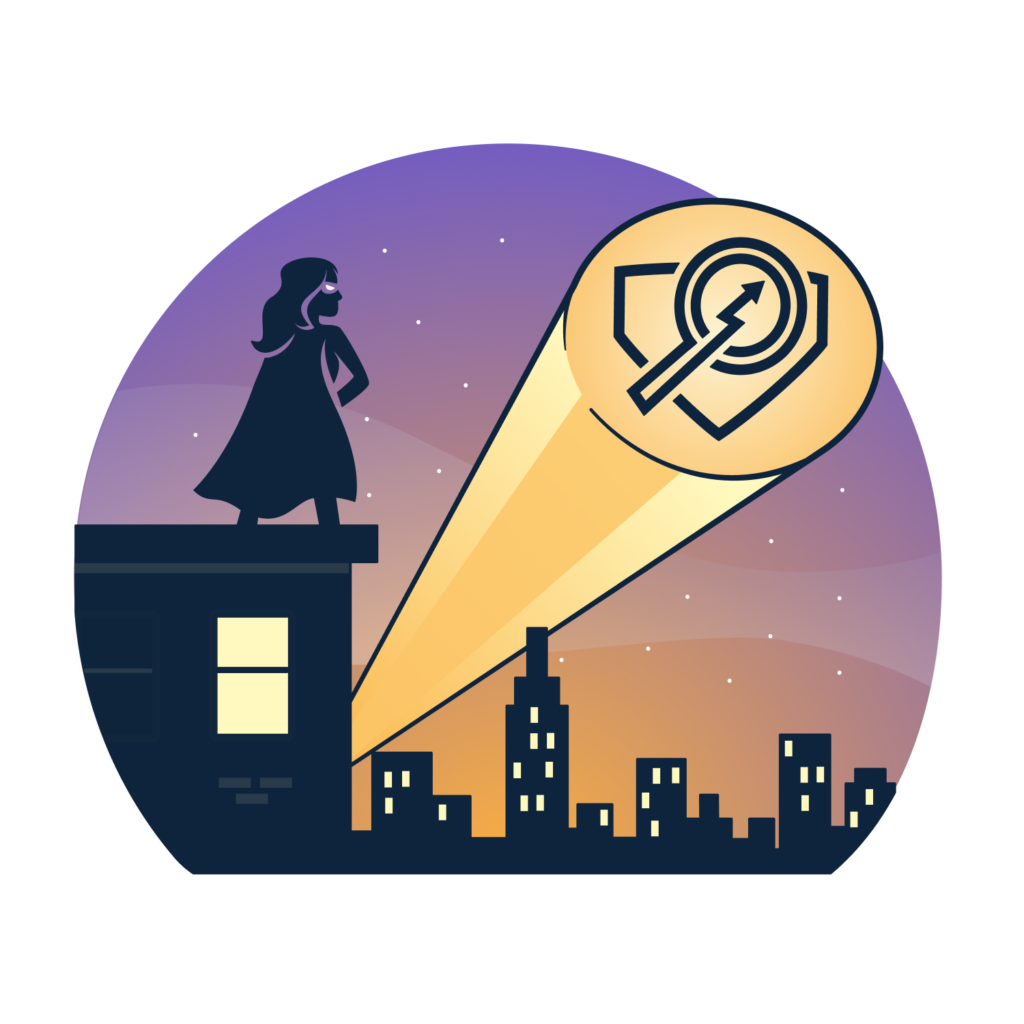 Superhero standing on a rooftop overlooking the city at dusk while the JSON-LD for SEO logo is spotlighted as the Shopify store asks for help.
