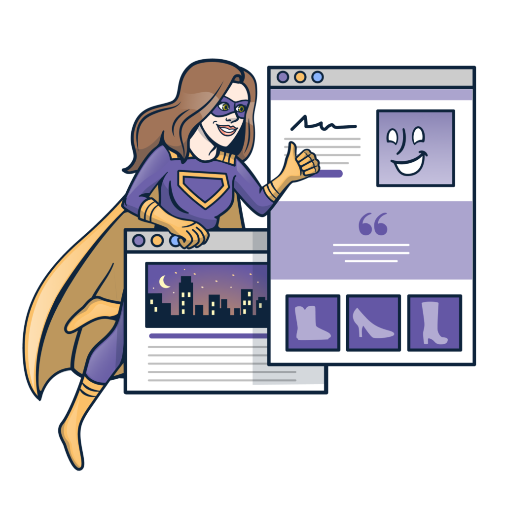 Superhero with thumbs up and a happy face on the Shopify website.