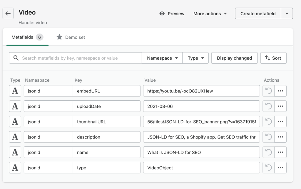 Using the metafields listed in the article, this screenshot shows an example of what it might look like with the required fields.