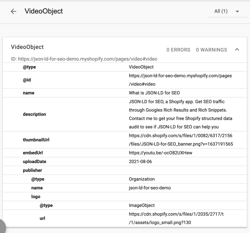 Video structured data example showing all the fields that were entered.