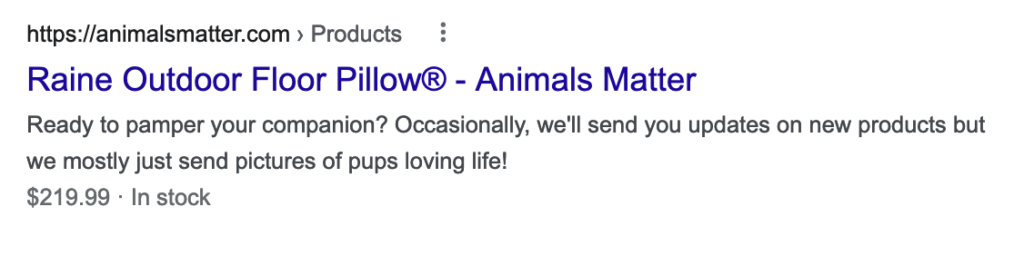 Animals Matter search result showing the price and availability Rich Result.