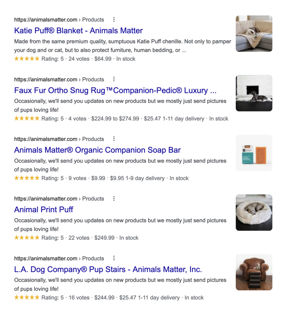 Animals Matter organic search results with rich results. Showing reviews, price, shipping price, shipping delivery in days, and availability.