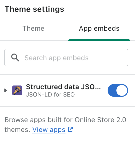 Theme settings for App Embeds showing that JSON-LD for SEO structured data app is enabled.
