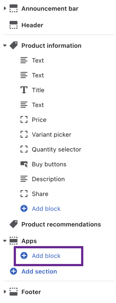 Shopify's customizer for a product page with App Block highlighted