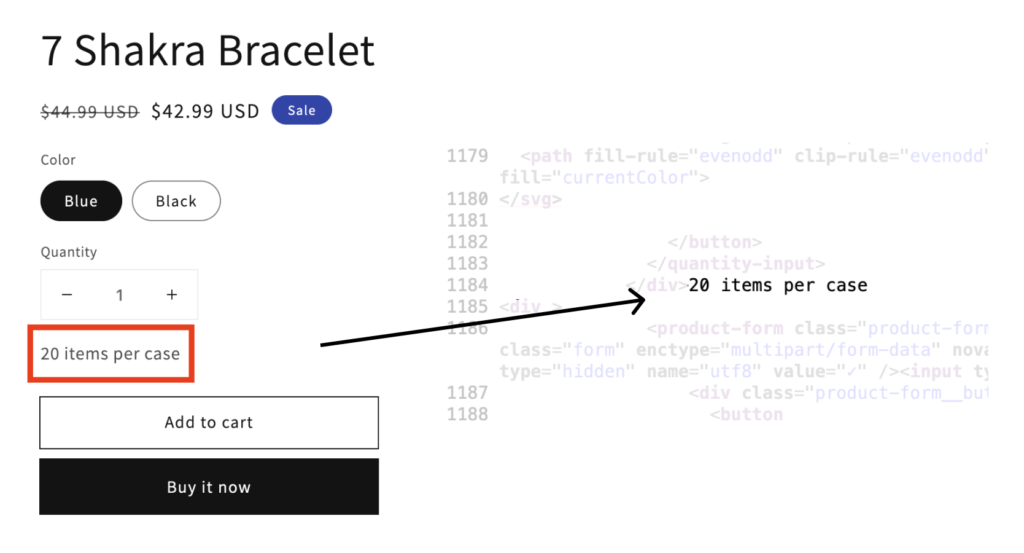 Metafield with 20 items per case displayed visually on page and the source code to support it