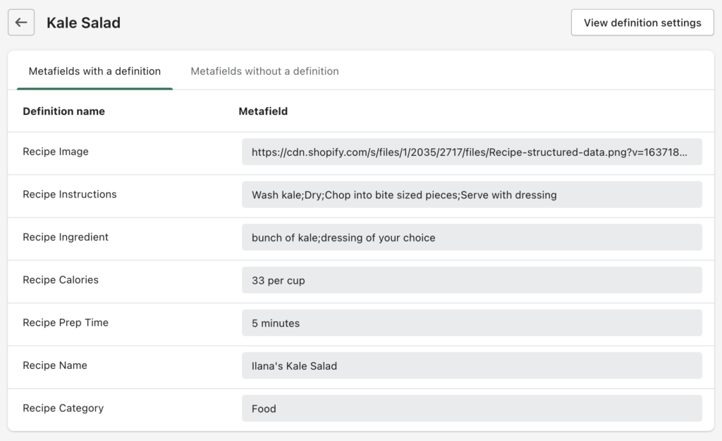 Using the native Shopify metafields, values have been added to connect the metafield with the output content. 