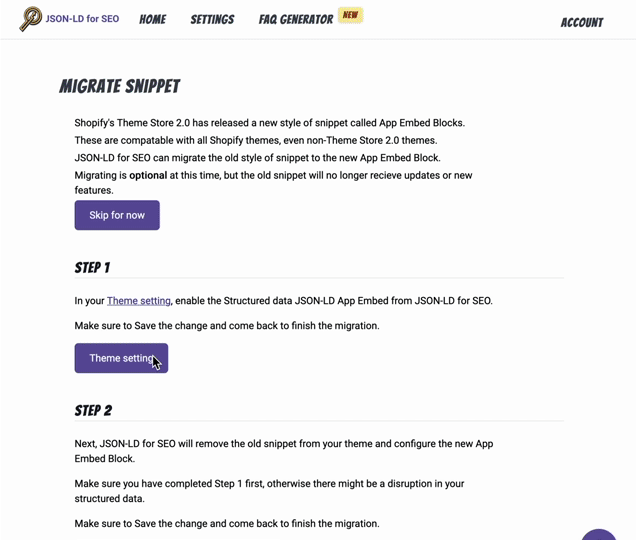 JSON-LD for SEO enable app in new themes in the Theme Settings for App Embed