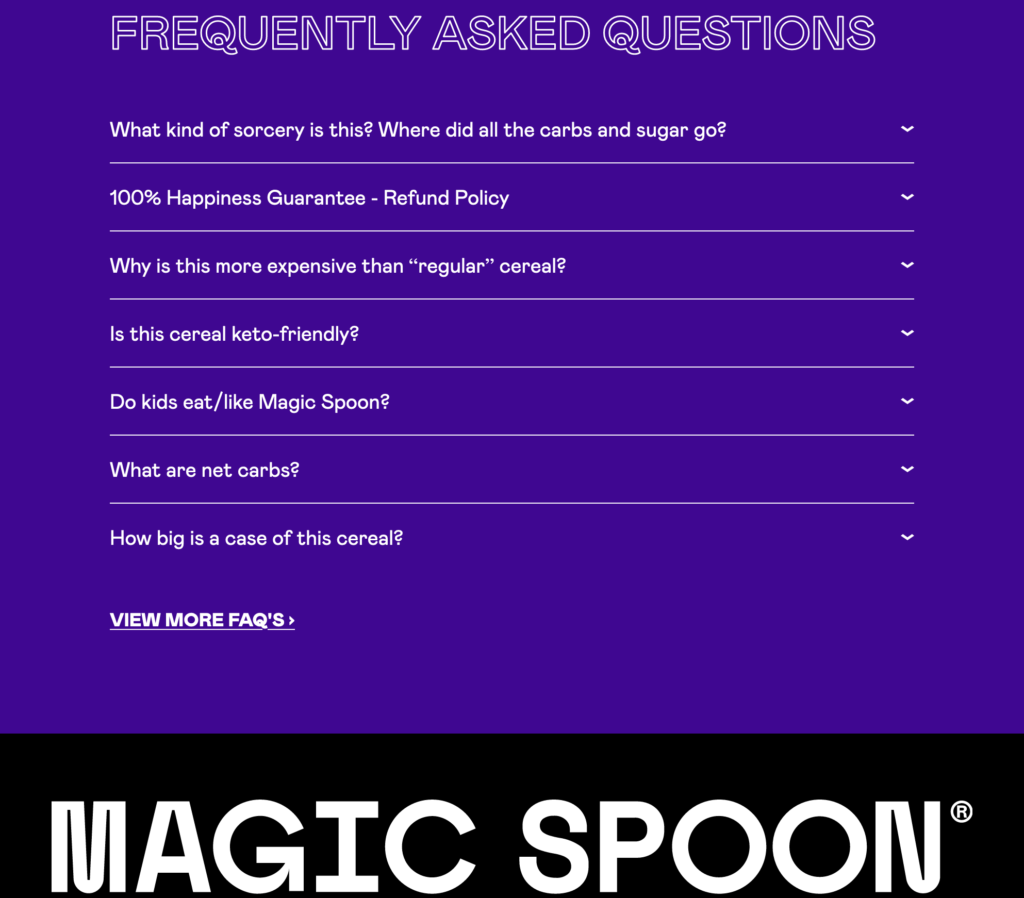 Magic Spoon FAQs at the bottom of their product page