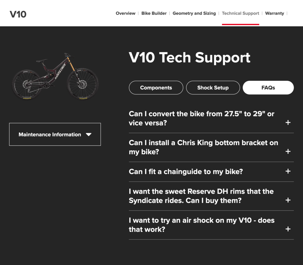 Santa Cruz Bicycles FAQ for the V10 product under a heading of V10 Tech Support