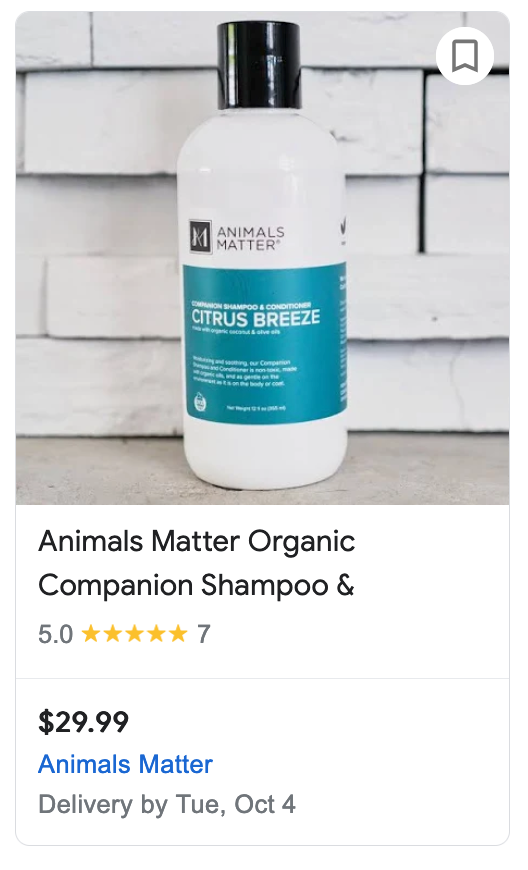 Shopping Listings example for Animals Matter that includes reviews, price, and delivery by date.