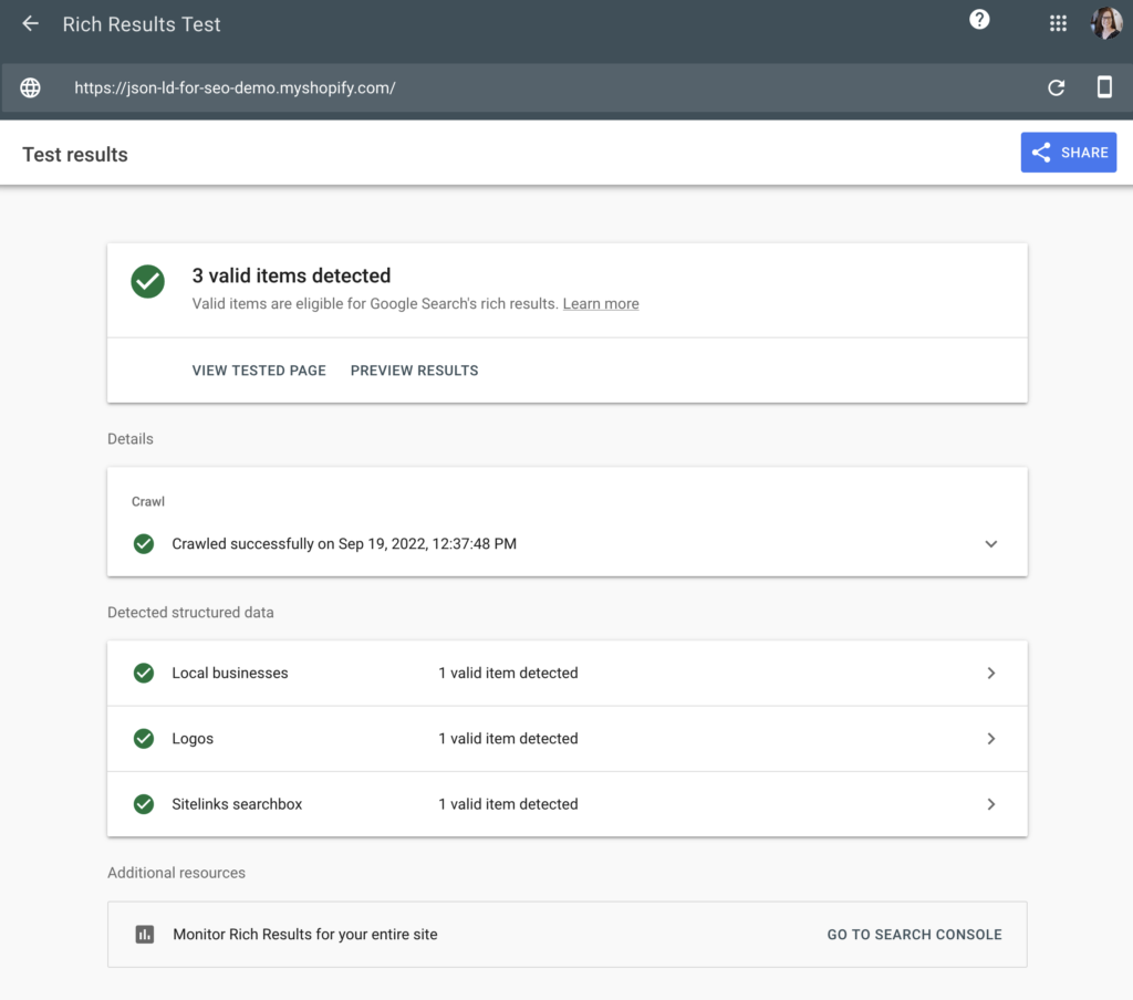 Google's Rich Results Testing Tool showing all detected structured data types are valid. Data types include Local Business, Logos, and Sitelinks searchbox
