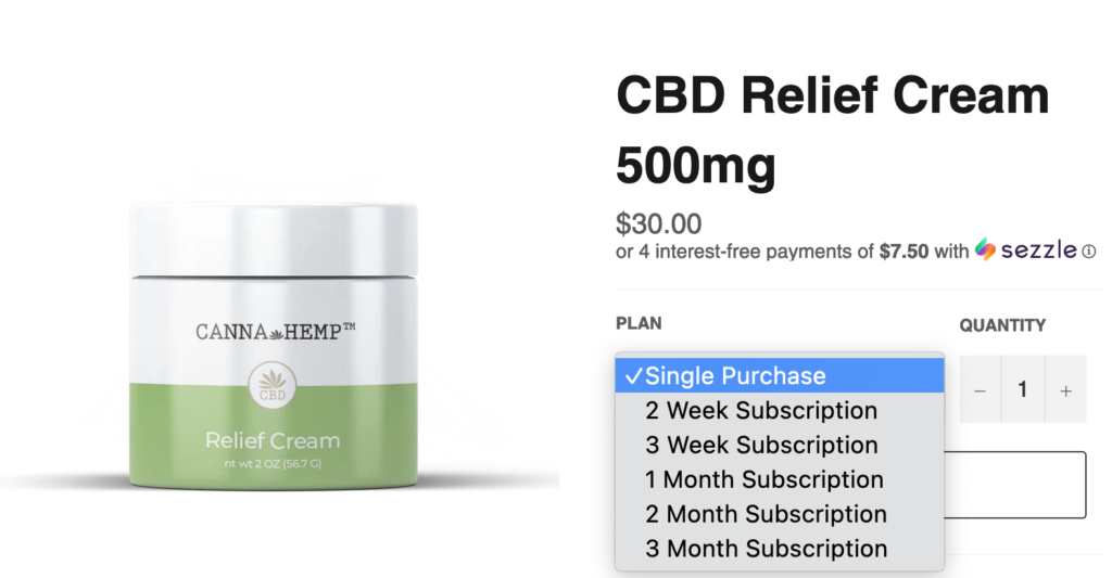 Canna Hemp product showing a single purchase is $30 with the plan option dropdown expanded showing weekly or monthly subscription plans.