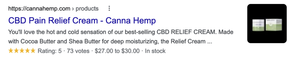 Canna Hemp search result with Rich Results showing a price range of $27-30.