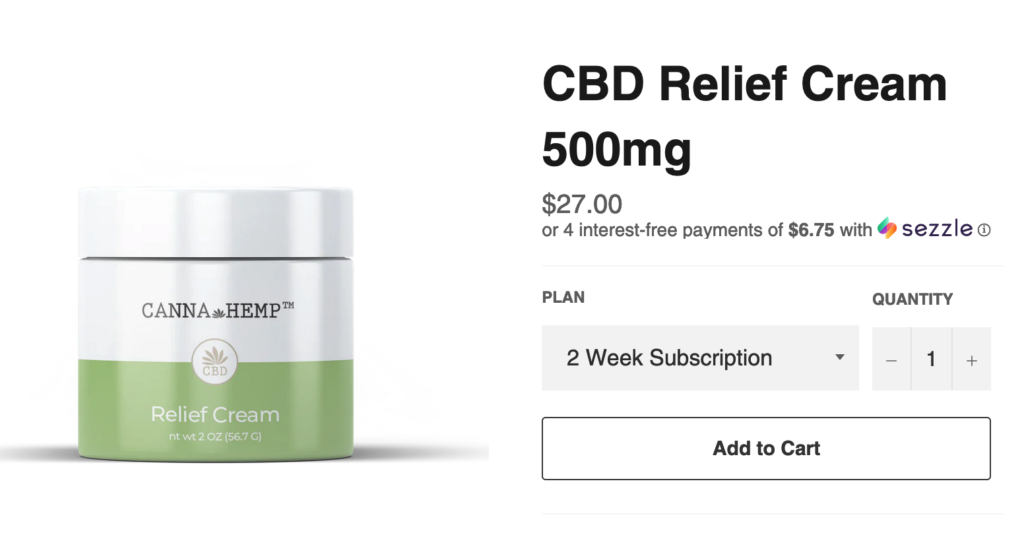 Canna Hemp product showing a 2 week subscription purchase is $27.