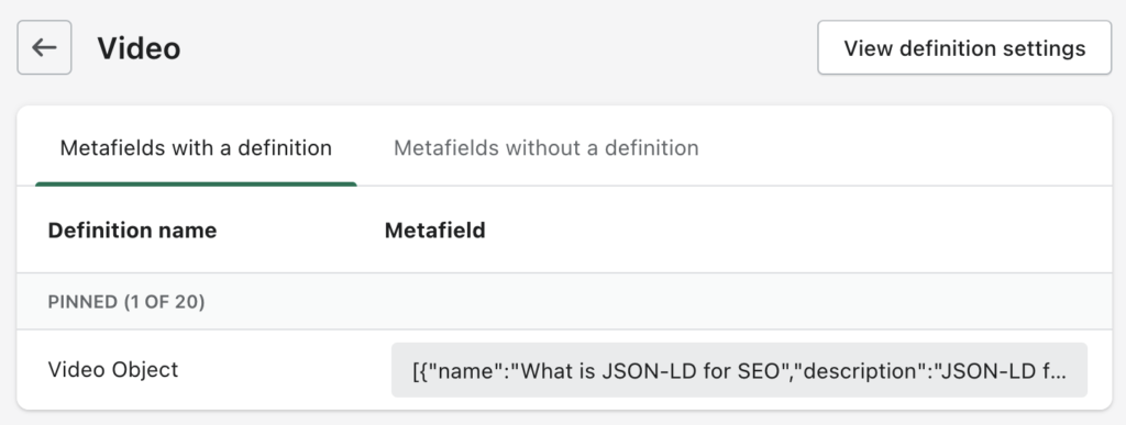Video Page in the Shopify Admin's metafield with the value pasted into the field.
