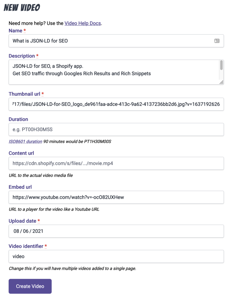 Example video fields with Create Video button.