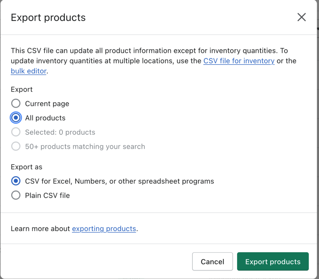 Screenshot of what the options look like on Shopify to Export products